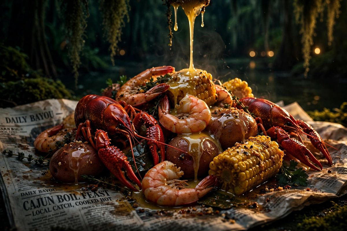 Cajun seafood boil with crawfish, shrimp, corn and potatoes